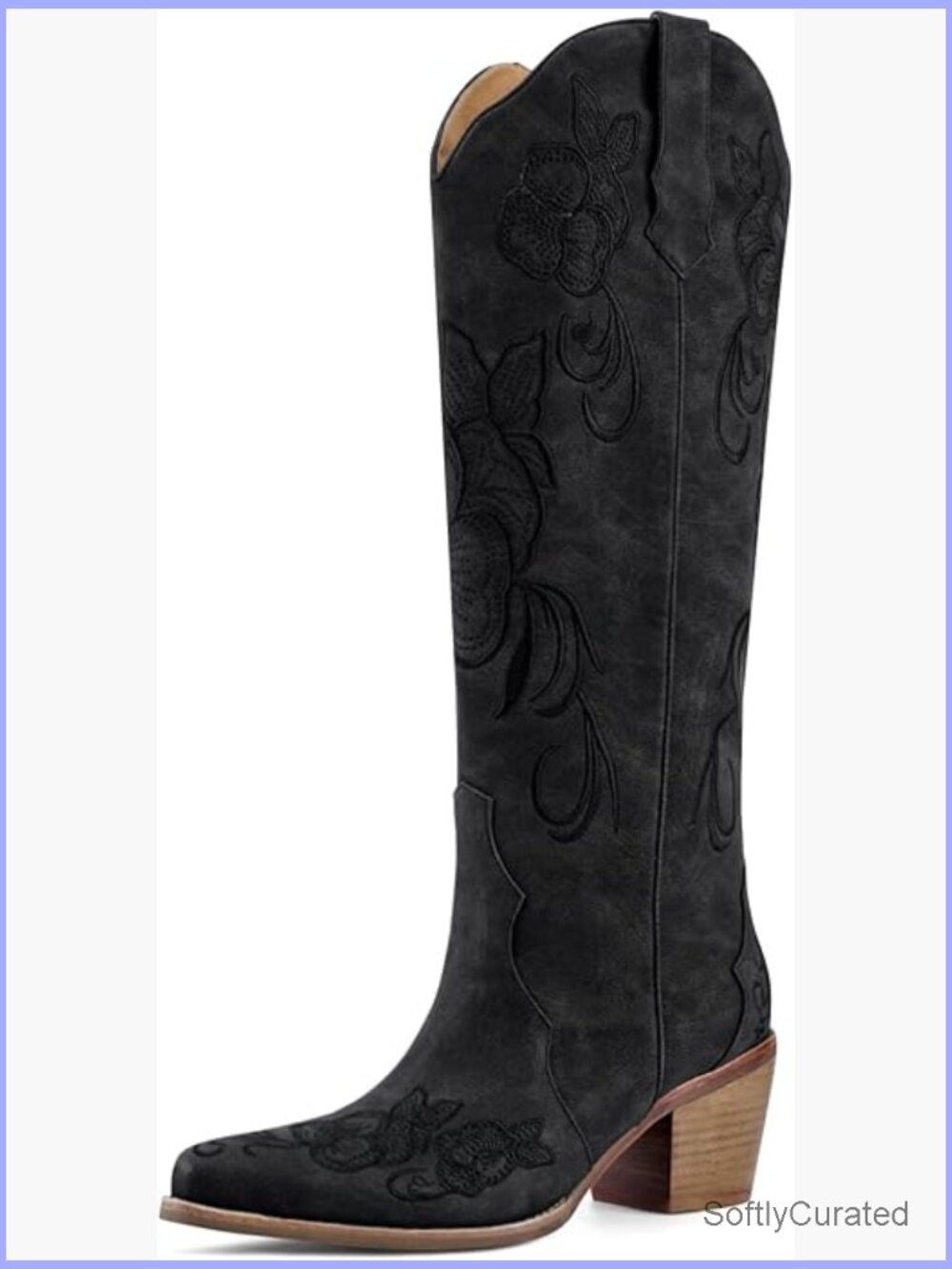 Knee High Snip Toe Cowboy Boots Chunky Block Heel Embroidered Pull On